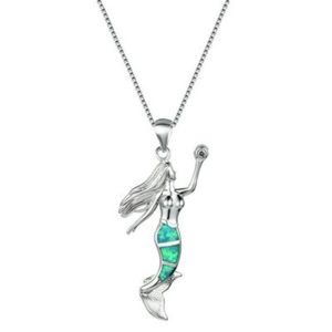 925 Silver Mermaid Green Fire Opal Necklace